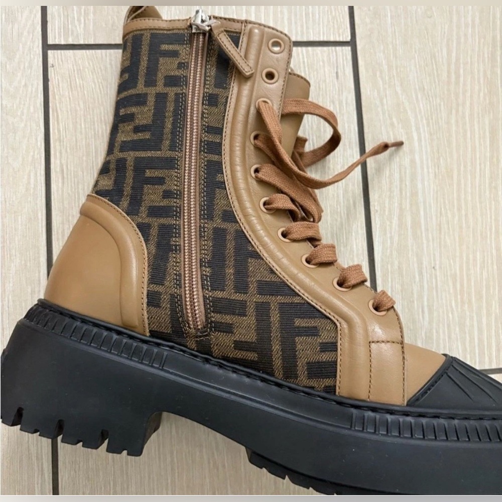 Fendi FF Canvas & Leather Combat Boots –Women’s Size 5 and 7– Brand New With Box